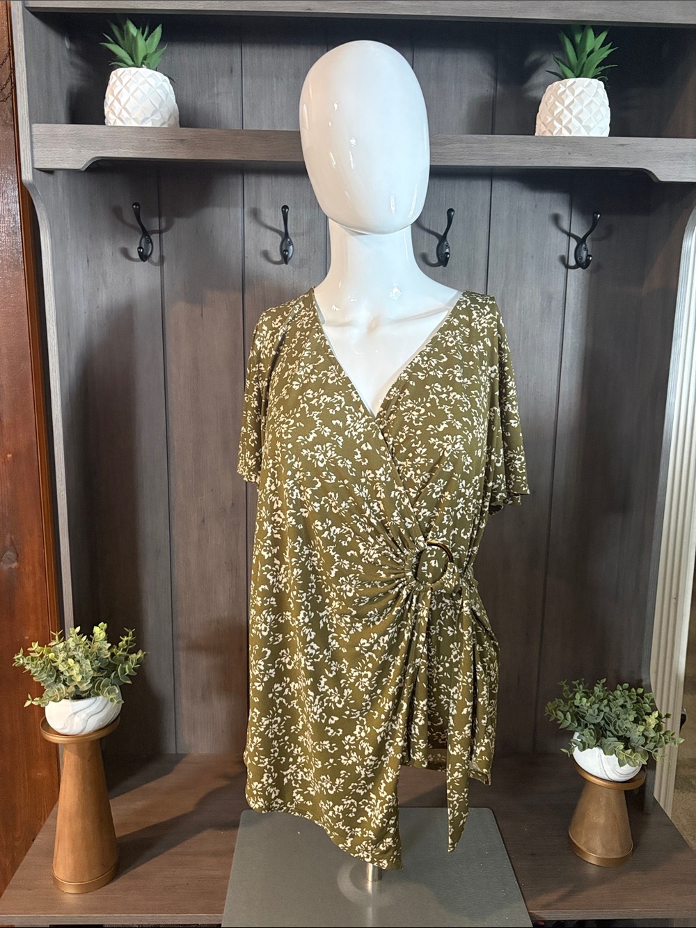 Olive Green Floral Wrap Top